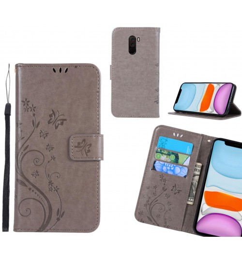 Xiaomi Pocophone F1 Case Embossed Butterfly Wallet Leather Cover - Grey