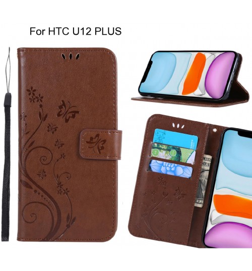 Htc U12 Plus Case Embossed Butterfly Wallet Leather Cover - Brown