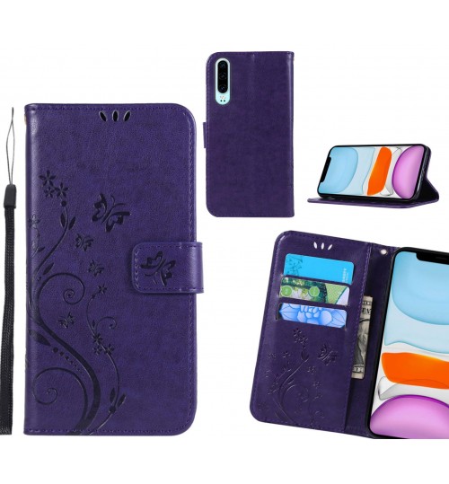 Huawei P30 Case Embossed Butterfly Wallet Leather Cover - Purple