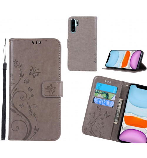 Huawei P30 Pro Case Embossed Butterfly Wallet Leather Cover - Grey