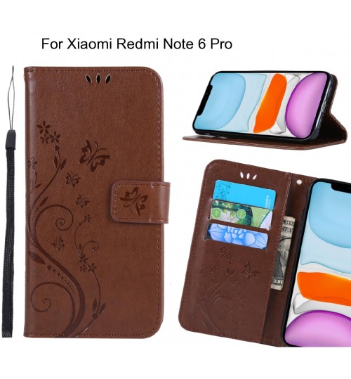 Xiaomi Redmi Note 6 Pro Case Embossed Butterfly Wallet Leather Cover - Brown