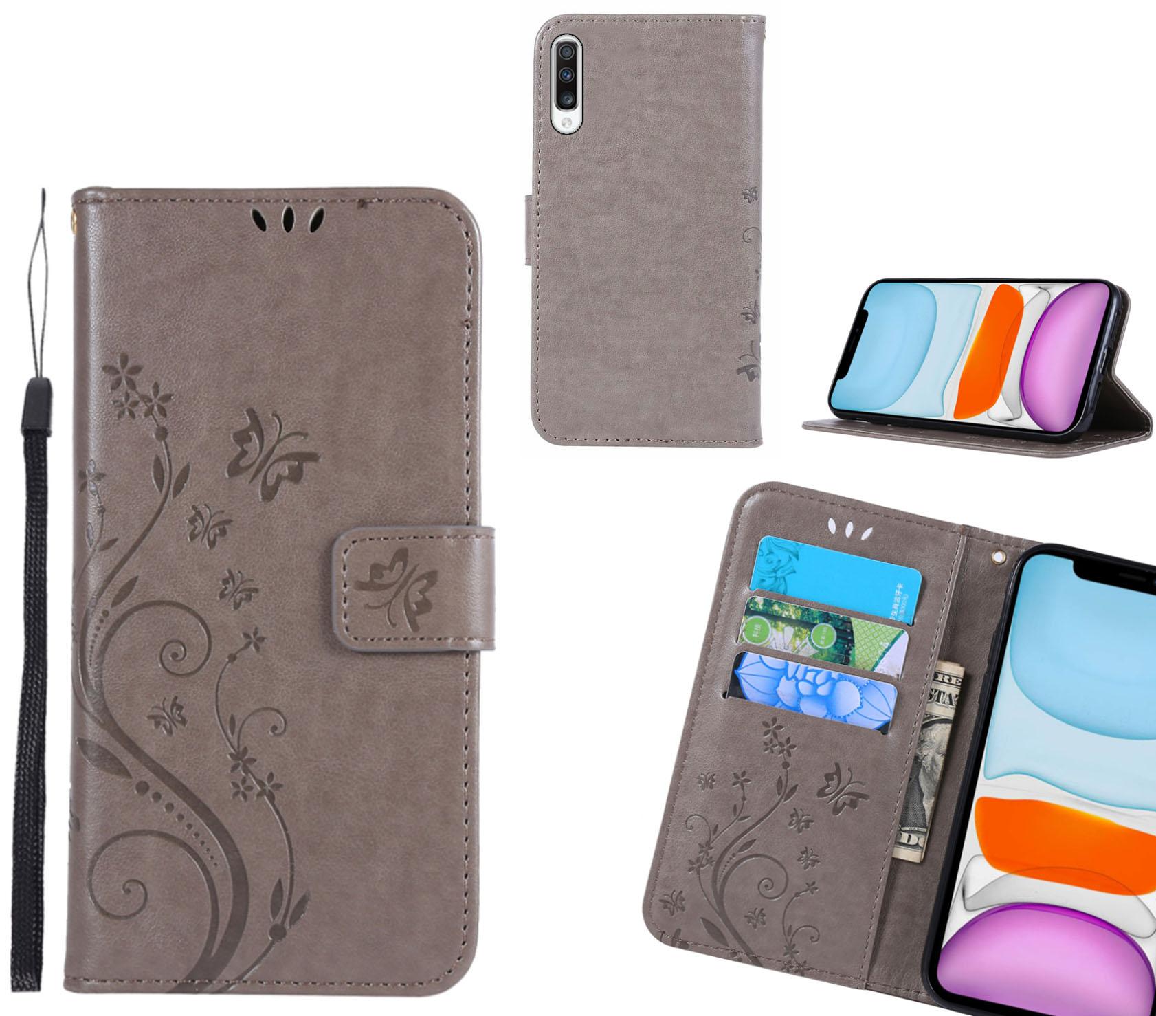 Samsung Galaxy A70 Case Embossed Butterfly Wallet Leather Cover - Grey
