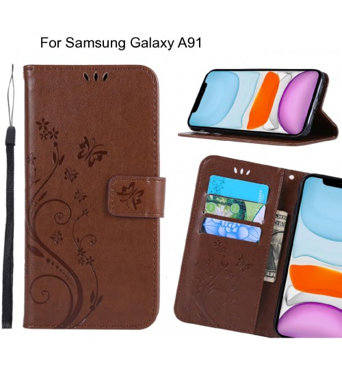 Samsung Galaxy A91 Case Embossed Butterfly Wallet Leather Cover - Brown