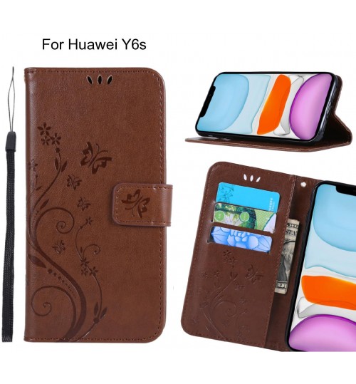 Huawei Y6s Case Embossed Butterfly Wallet Leather Cover - Brown