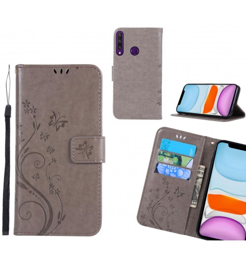 Huawei Y6p Case Embossed Butterfly Wallet Leather Cover - Grey