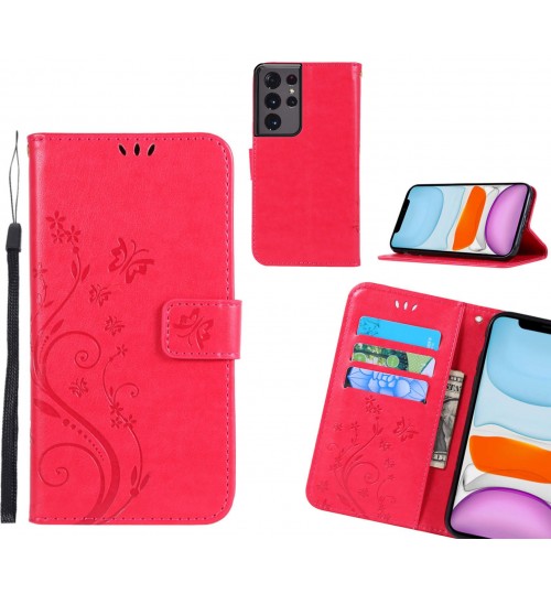 Galaxy S21 Ultra Case Embossed Butterfly Wallet Leather Cover - Red