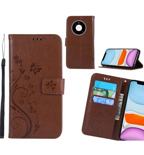 Huawei Mate 40 Pro Case Embossed Butterfly Wallet Leather Cover - Brown