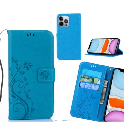 Iphone 13 Pro Case Embossed Butterfly Wallet Leather Cover - Blue