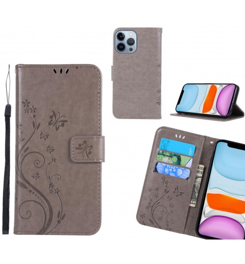 Iphone 13 Pro Case Embossed Butterfly Wallet Leather Cover - Grey