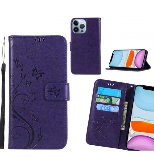 iPhone 13 Pro Case Embossed Butterfly Wallet Leather Cover