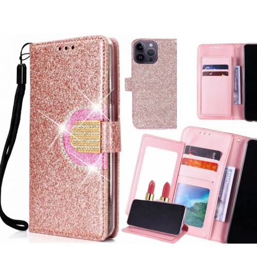 Iphone 14 Pro Max Case Glaring Wallet Leather Case With Mirror - Pink
