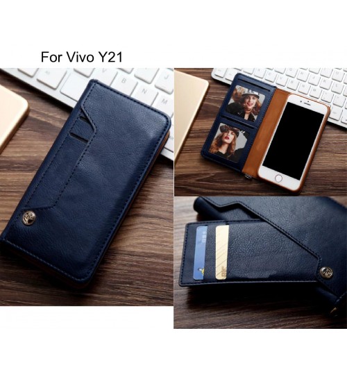 Vivo Y21 Case Slim Leather Wallet Case 4 Cards 2 Id Magnet - Blue