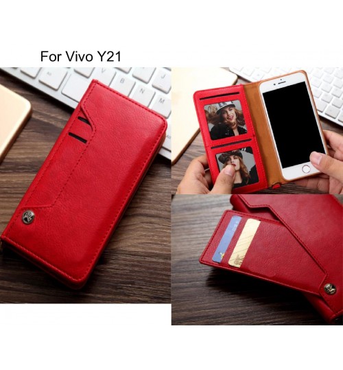 Vivo Y21 Case Slim Leather Wallet Case 4 Cards 2 Id Magnet - Red