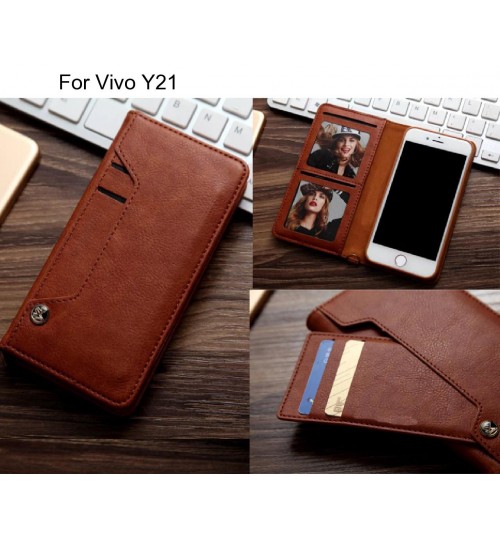 Vivo Y21 Case Slim Leather Wallet Case 4 Cards 2 Id Magnet - Brown