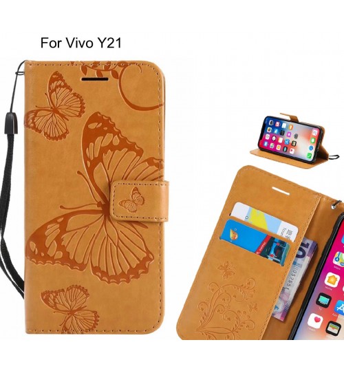 Vivo Y21 Case Embossed Butterfly Wallet Leather Case - Brown