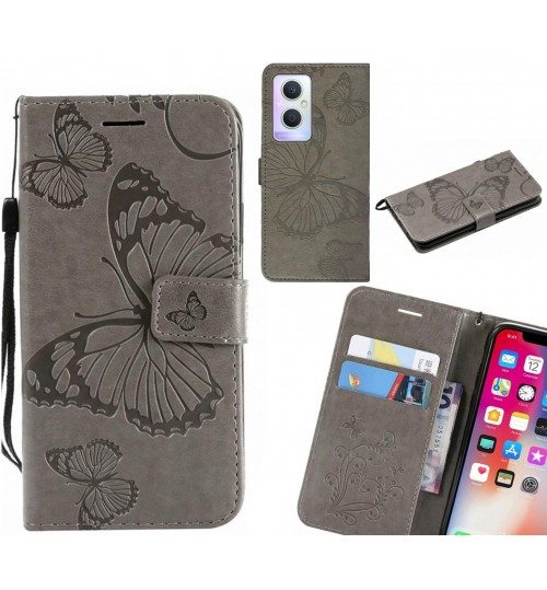 Oppo A96 Case Embossed Butterfly Wallet Leather Case - Grey