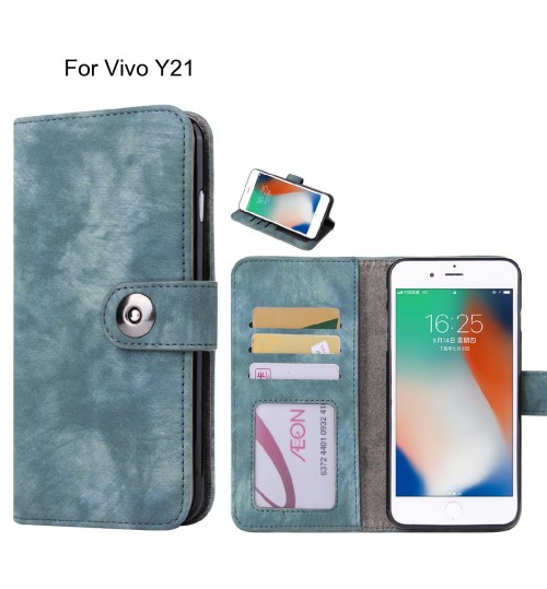 Vivo Y21 Case Retro Leather Wallet Case - Blue