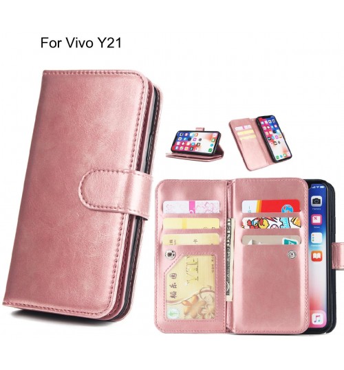 Vivo Y21 Case Triple Wallet Leather Case 9 Card Slots - Rose Gold