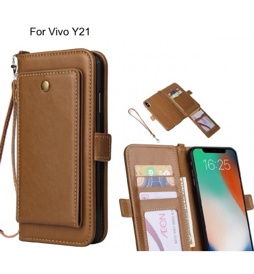 Vivo Y21 Case Retro Leather Wallet Case - Brown