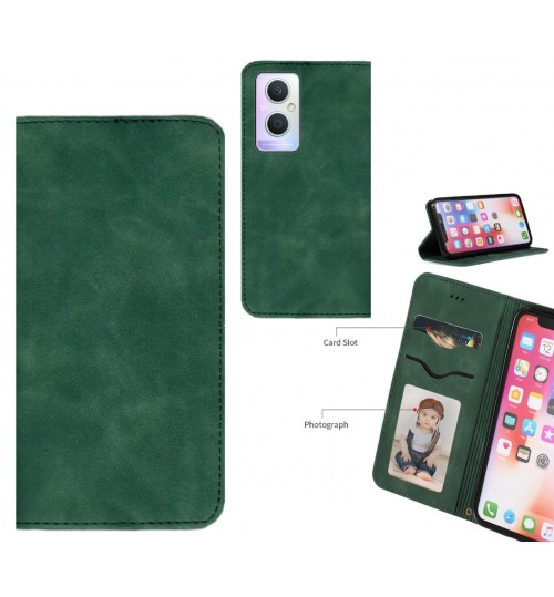 Oppo A96 Case Premium Leather Magnetic Wallet Case - Green