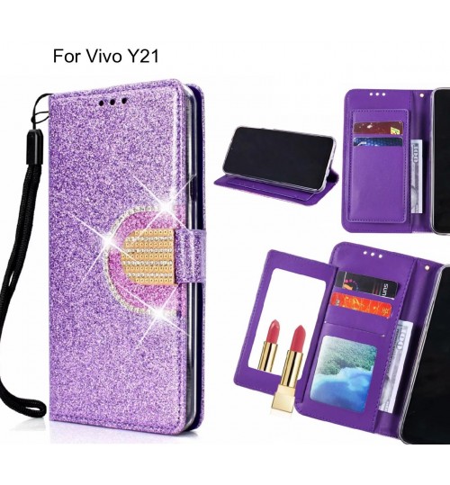 Vivo Y21 Case Glaring Wallet Leather Case With Mirror