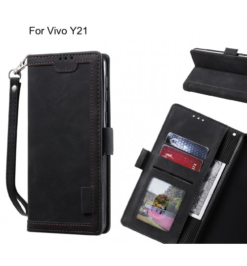 Vivo Y21 Case Wallet Denim Leather Case Cover - Black