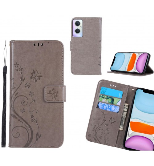 Oppo A96 Case Embossed Butterfly Wallet Leather Cover - Grey