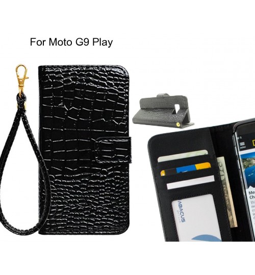 Moto G9 Play Case Croco Wallet Leather Case - Black