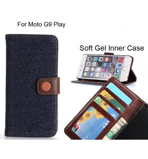 Moto G9 Play  Case Ultra Slim Retro Jeans Wallet Case - Black