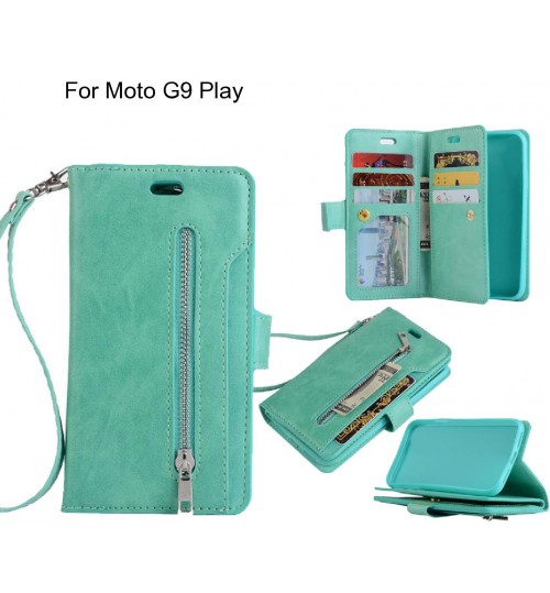 Moto G9 Play Case 10 Cards Slots Wallet Leather Case With Zip - Green