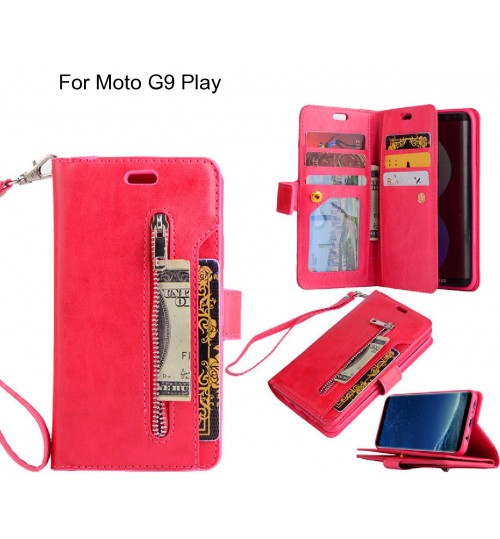 Moto G9 Play Case 10 Cards Slots Wallet Leather Case With Zip - Red