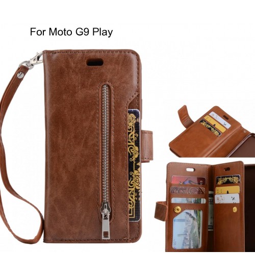 Moto G9 Play Case 10 Cards Slots Wallet Leather Case With Zip - Brown