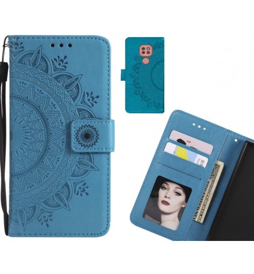 Moto G9 Play Case Mandala Embossed Leather Wallet Case - Blue