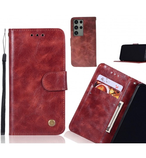 Samsung Galaxy S23 Ultra Case Vintage Fine Leather Wallet Case - Dark Red