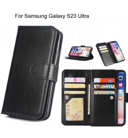 Samsung Galaxy S23 Ultra Case Triple Wallet Leather Case 9 Card Slots - Black