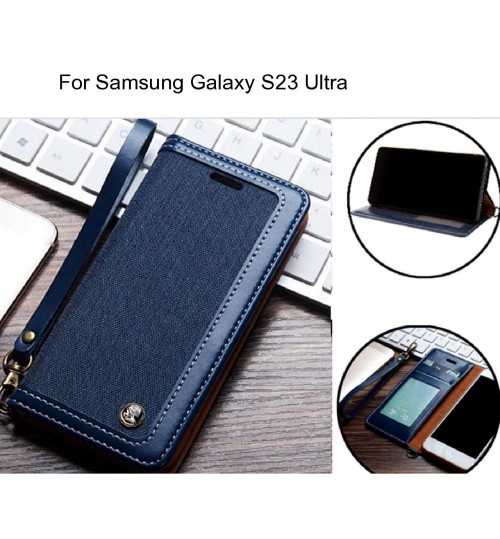 Samsung Galaxy S23 Ultra Case Wallet Denim Leather Case - Dark Blue