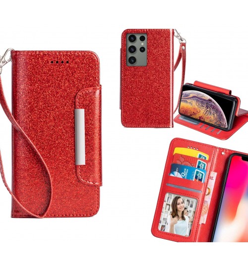 Samsung Galaxy S23 Ultra Case Glitter Wallet Case Id Wide Magnetic Closure - Red