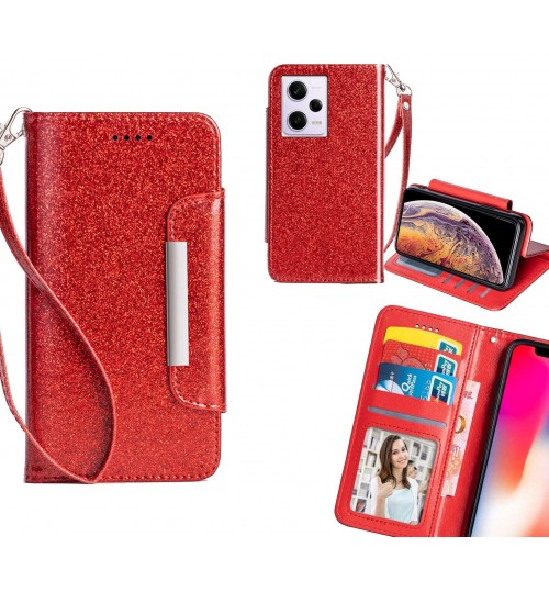 Xiaomi Redmi Note 12 Pro 5g Case Glitter Wallet Case Id Wide Magnetic Closure - Red