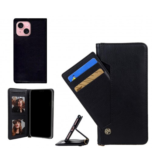 Iphone 15 Case Slim Leather Wallet Case 4 Cards 2 Id Magnet - Black