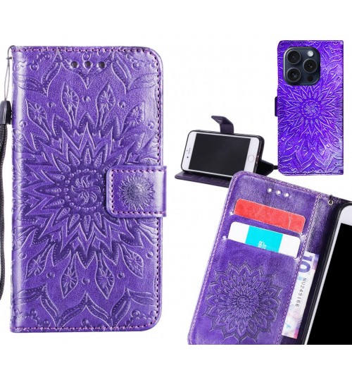 iPhone 15 Pro Max Case Leather Wallet case embossed sunflower pattern