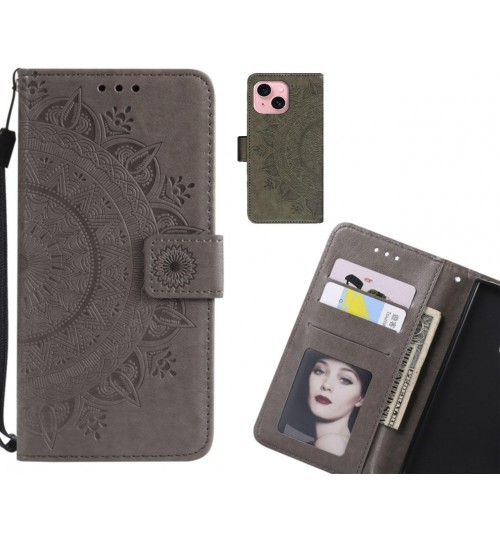 Iphone 15 Case Mandala Embossed Leather Wallet Case - Grey