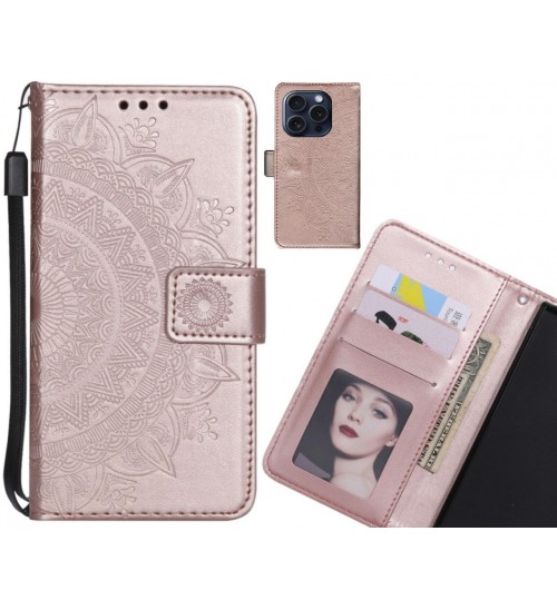 Iphone 15 Pro Max Case Mandala Embossed Leather Wallet Case - Rose Gold