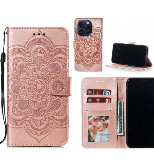 Iphone 15 Pro Case Leather Wallet Case Embossed Pattern - Rose