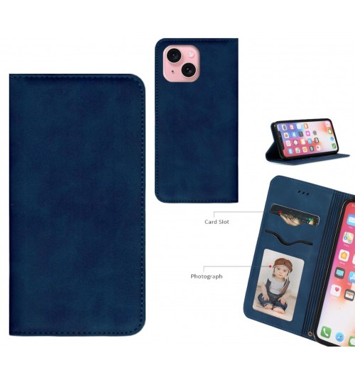Iphone 15 Case Premium Leather Magnetic Wallet Case - Blue