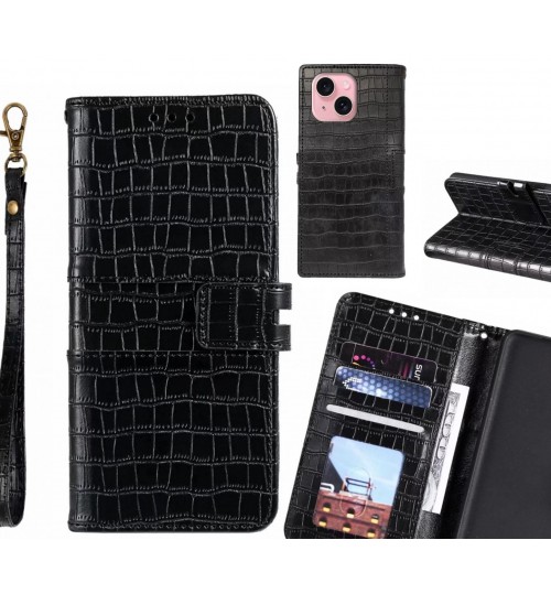Iphone 15 Case Croco Wallet Leather Case - Black