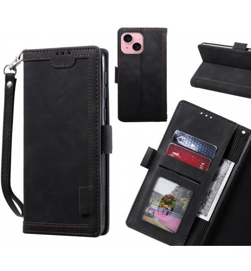 Iphone 15 Case Wallet Denim Leather Case Cover - Black