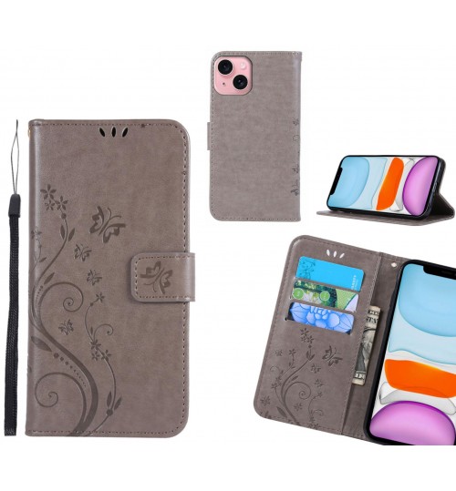 Iphone 15 Case Embossed Butterfly Wallet Leather Cover - Grey