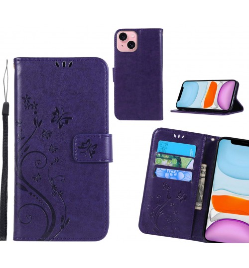 iPhone 15 Case Embossed Butterfly Wallet Leather Cover