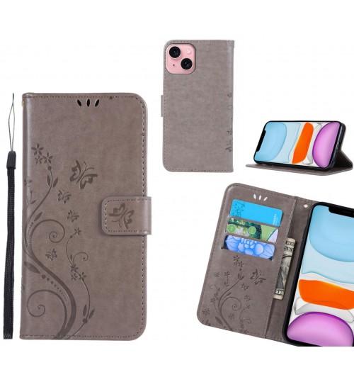 iPhone 15 Plus Case Embossed Butterfly Wallet Leather Cover