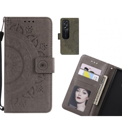 Oppo A38 Case Mandala Embossed Leather Wallet Case - Grey